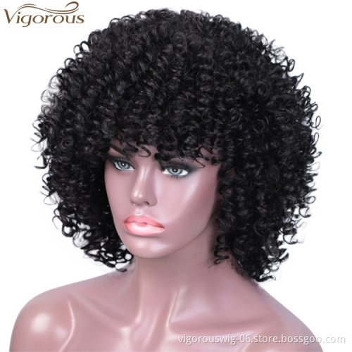Free sample Black Short Kinky Curly Synthetic Wigs With Bangs For Black Women Glueless Heat Resistant fiber lace front Hair Wigs